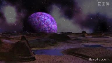 巨大的紫色行星缓缓升起在丘陵地形的背景，黑暗的天空，明亮的星星和星云